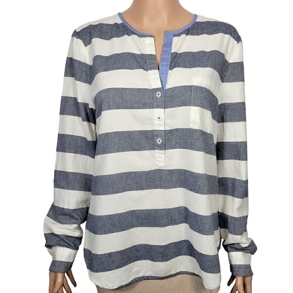 Nautica Women's 100% Cotton 1/4 Button Down Blue and White Striped Shirt Size L - Picture 1 of 11